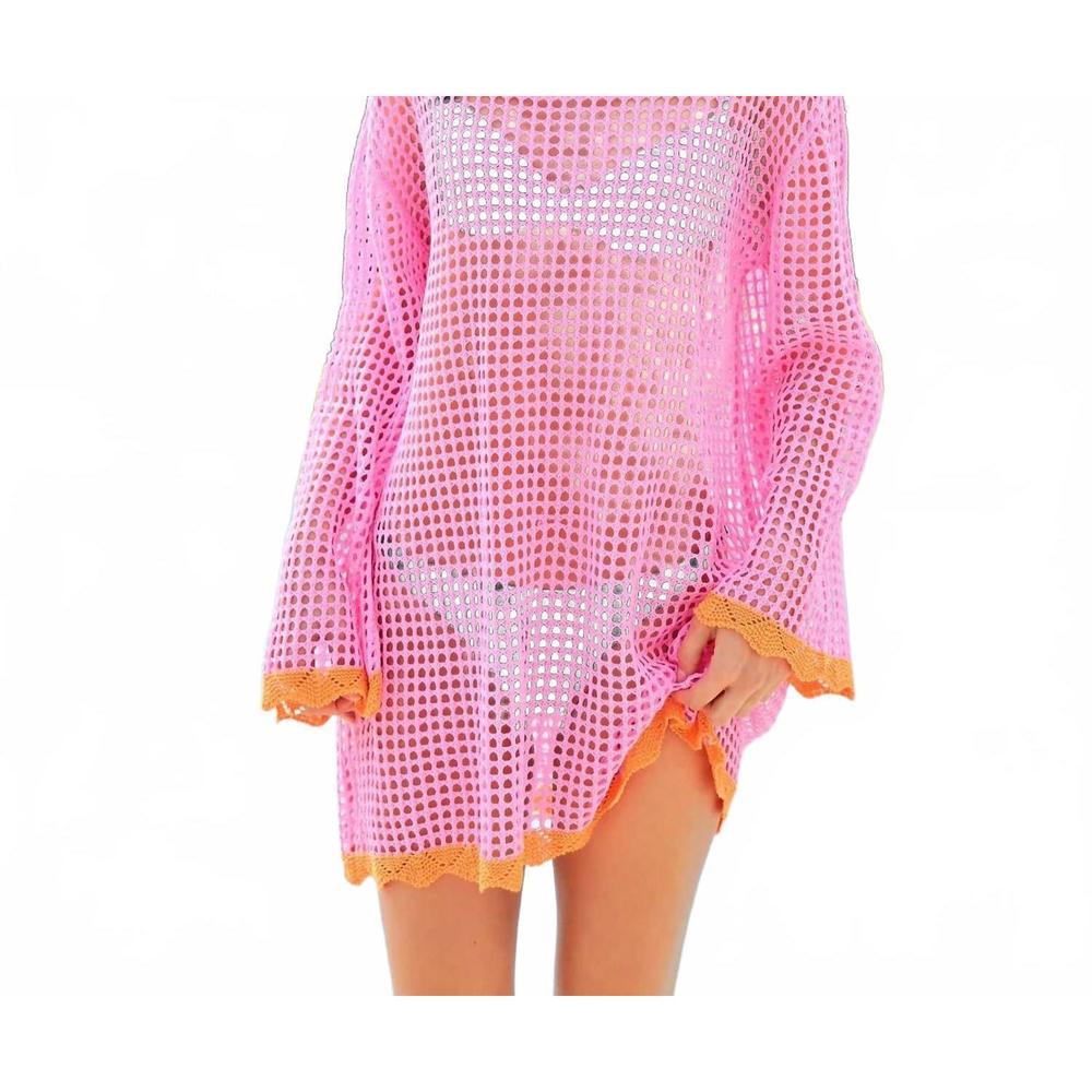 Shiraleah Pink Mesh Swim Coverup with Orange Trim